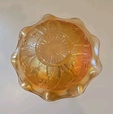 VTG Jeanette Carnival Iridescent Ruffle Glass Bowl Marigold Iris Herringbone MCM - Thumbnail 9