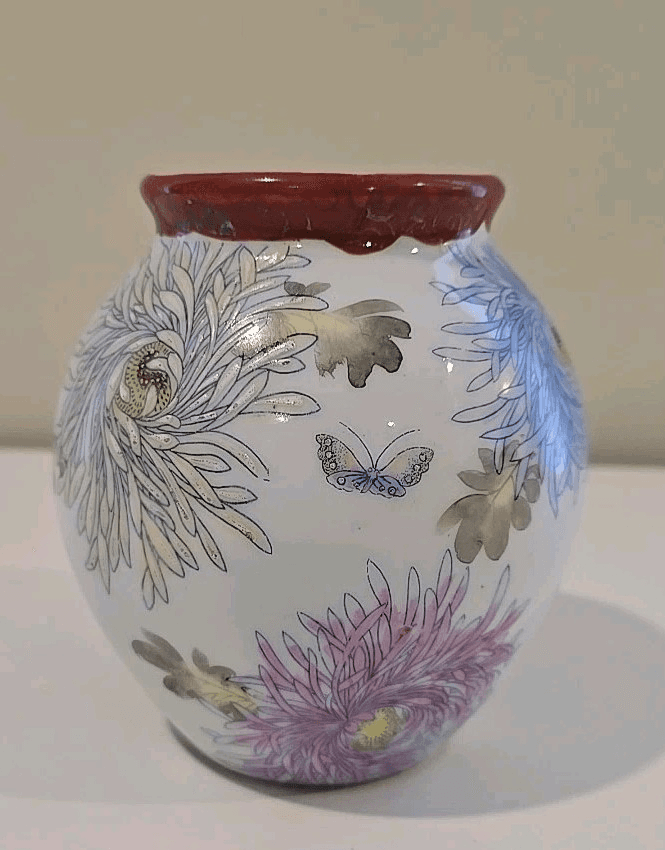 Antique Asian Ceramic Bowl Jar With Chrysanthemum Decoration Unmarked