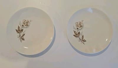 2 Made in USA Sabin Dinner Plate Brown Tan Rose Gold Trim Blue Flowers Roses
