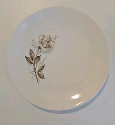 2 Made in USA Sabin Dinner Plate Brown Tan Rose Gold Trim Blue Flowers Roses - Thumbnail 6