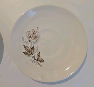 2 Made in USA Sabin Dinner Plate Brown Tan Rose Gold Trim Blue Flowers Roses - Thumbnail 7