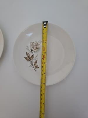2 Made in USA Sabin Dinner Plate Brown Tan Rose Gold Trim Blue Flowers Roses - Thumbnail 3