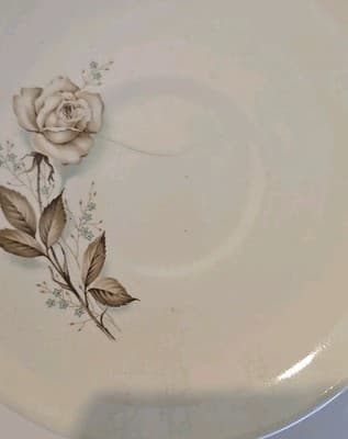 2 Made in USA Sabin Dinner Plate Brown Tan Rose Gold Trim Blue Flowers Roses - Thumbnail 8