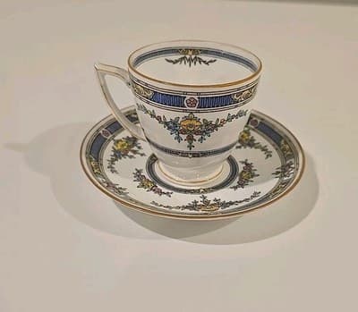 Minton China Princess Demi Cup Saucer Demitasse Yellow Flower Blue 1924 England - Thumbnail 8