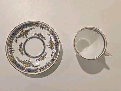 Minton China Princess Demi Cup Saucer Demitasse Yellow Flower Blue 1924 England - Thumbnail 3