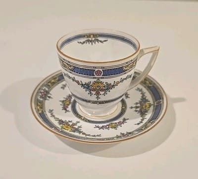 Minton China Princess Demi Cup Saucer Demitasse Yellow Flower Blue 1924 England - Thumbnail 10