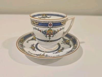 Minton China Princess Demi Cup Saucer Demitasse Yellow Flower Blue 1924 England