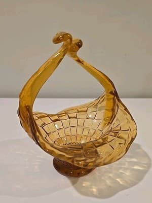 Vintage Amber Glass Basket Hand Blown Handle Basket Candy Dish Trinket Dish