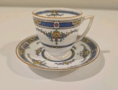 Minton China Princess Demi Cup Saucer Demitasse Yellow Flower Blue 1924 England - Thumbnail 11