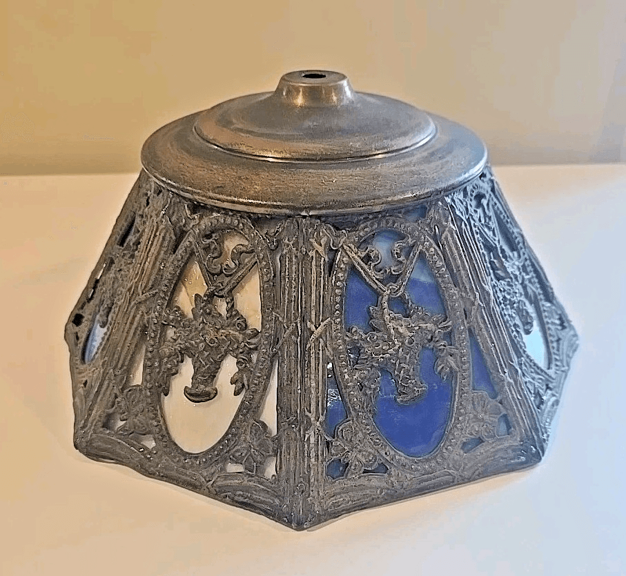 Antique Spelter Slag Glass Lamp Shade Fruit Flower Basket - Thumbnail 6