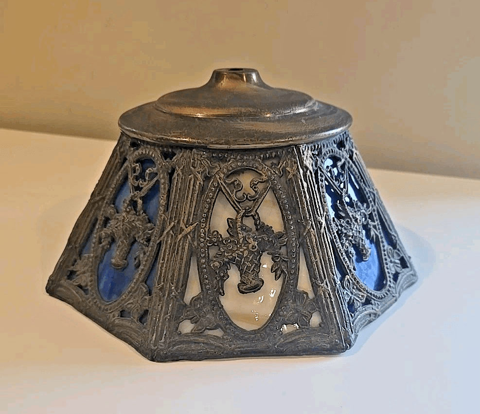 Antique Spelter Slag Glass Lamp Shade Fruit Flower Basket
