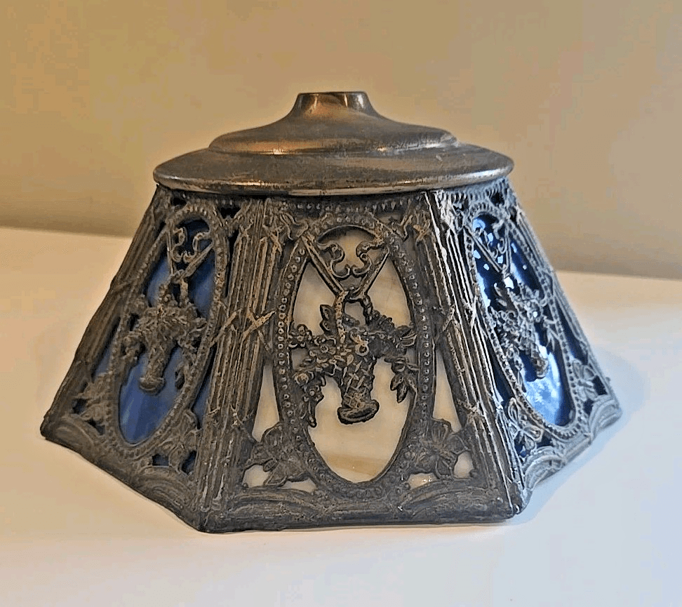 Antique Spelter Slag Glass Lamp Shade Fruit Flower Basket - Thumbnail 3