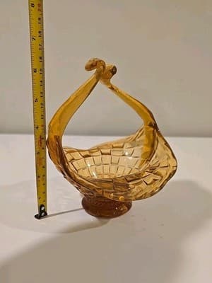Vintage Amber Glass Basket Hand Blown Handle Basket Candy Dish Trinket Dish - Thumbnail 3