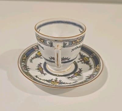Minton China Princess Demi Cup Saucer Demitasse Yellow Flower Blue 1924 England - Thumbnail 9