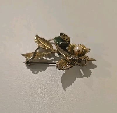 Vintage Costume Jewelry Jade & Pearl Gold Tone Brooch Pin Estate - Thumbnail 5