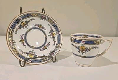 Minton China Princess Demi Cup Saucer Demitasse Yellow Flower Blue 1924 England - Thumbnail 2
