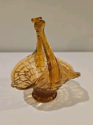 Vintage Amber Glass Basket Hand Blown Handle Basket Candy Dish Trinket Dish - Thumbnail 2