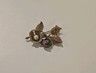 Vintage Costume Jewelry Jade & Pearl Gold Tone Brooch Pin Estate - Thumbnail 3