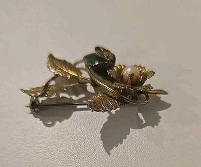 Vintage Costume Jewelry Jade & Pearl Gold Tone Brooch Pin Estate - Thumbnail 4