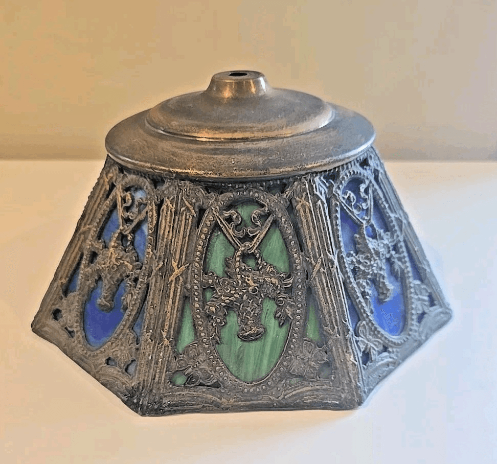 Antique Spelter Slag Glass Lamp Shade Fruit Flower Basket - Thumbnail 5