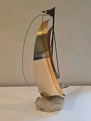 DeMott Brass Sailboat 8" Sculpture Onyx Base Signed