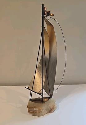 DeMott Brass Sailboat 8" Sculpture Onyx Base Signed - Thumbnail 7