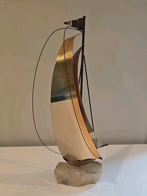 DeMott Brass Sailboat 8" Sculpture Onyx Base Signed - Thumbnail 5