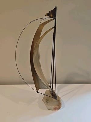 DeMott Brass Sailboat 8" Sculpture Onyx Base Signed - Thumbnail 6
