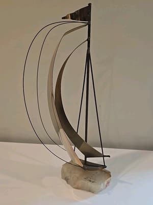 DeMott Brass Sailboat 8" Sculpture Onyx Base Signed - Thumbnail 3