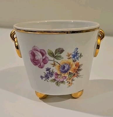 Weisswasser Ice Bucket Porcelain Bucket Floral Gold Gilt Trim Made in Germany 4"