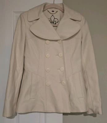 Guess Wool Double Breasted White Winter Pea Coat Jacket Size Small
