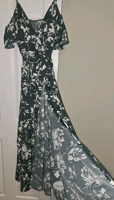 NWT Shein Off-Shoulder Split Wrap Dress Summer Floral Dark Green Long Maxi Dress