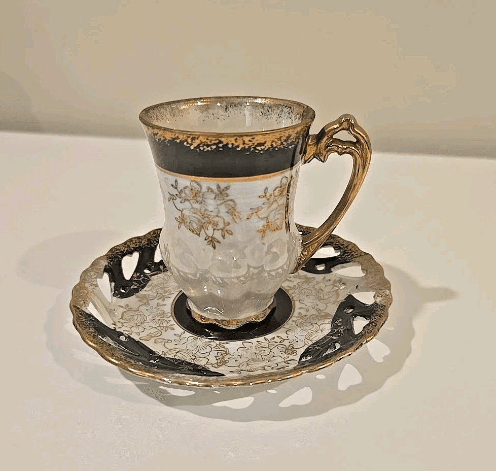 Lefton Demitasse Cup w/ Reticulated Saucer Black White Lustre Gold Gilt - Thumbnail 2