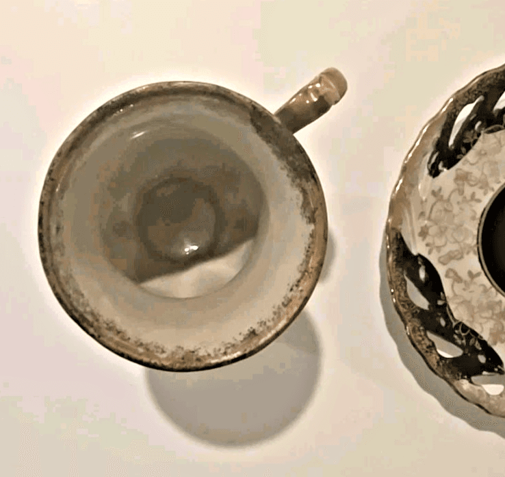 Lefton Demitasse Cup w/ Reticulated Saucer Black White Lustre Gold Gilt - Thumbnail 8