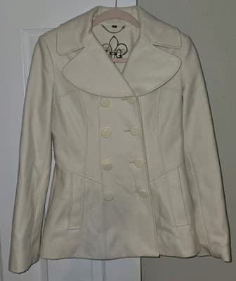 Guess Wool Double Breasted White Winter Pea Coat Jacket Size Small - Thumbnail 2