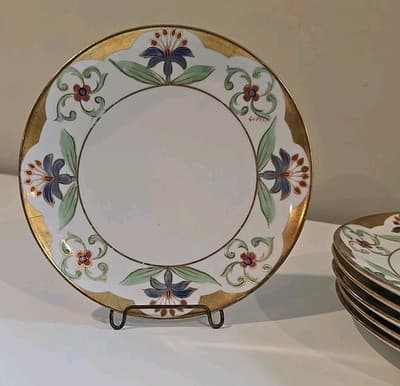 Limoges Flambeau LDBC Hand Painted by Gilbert Plates Set of 6 Floral Gold Gilt