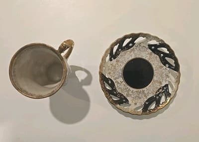 Lefton Demitasse Cup w/ Reticulated Saucer Black White Lustre Gold Gilt - Thumbnail 6
