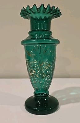 Antique 19th C Turkish Market Green Gold Bohemian Art Glass Ruffled Vase 10"