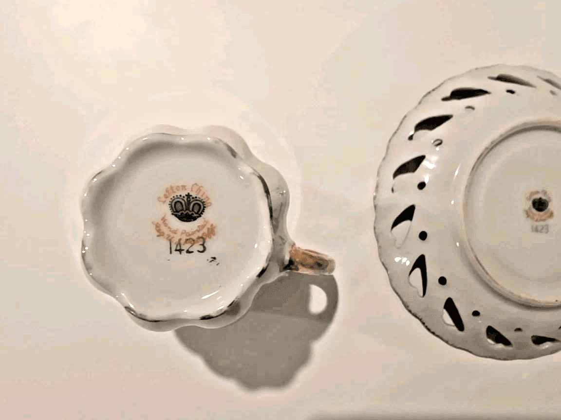 Lefton Demitasse Cup w/ Reticulated Saucer Black White Lustre Gold Gilt - Thumbnail 10