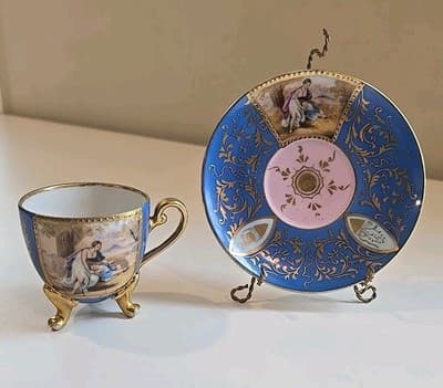 Lenwile China Ardalt Tea Cup and Saucer Blue Gold Gilt Mother Child