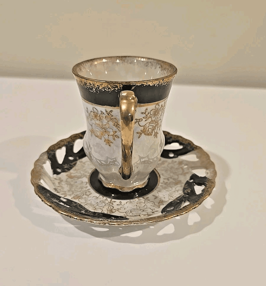 Lefton Demitasse Cup w/ Reticulated Saucer Black White Lustre Gold Gilt - Thumbnail 3