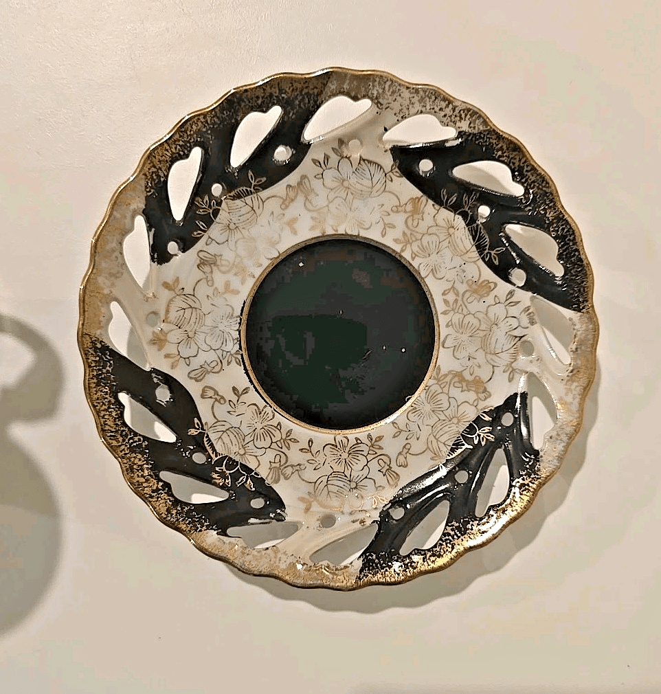 Lefton Demitasse Cup w/ Reticulated Saucer Black White Lustre Gold Gilt - Thumbnail 7