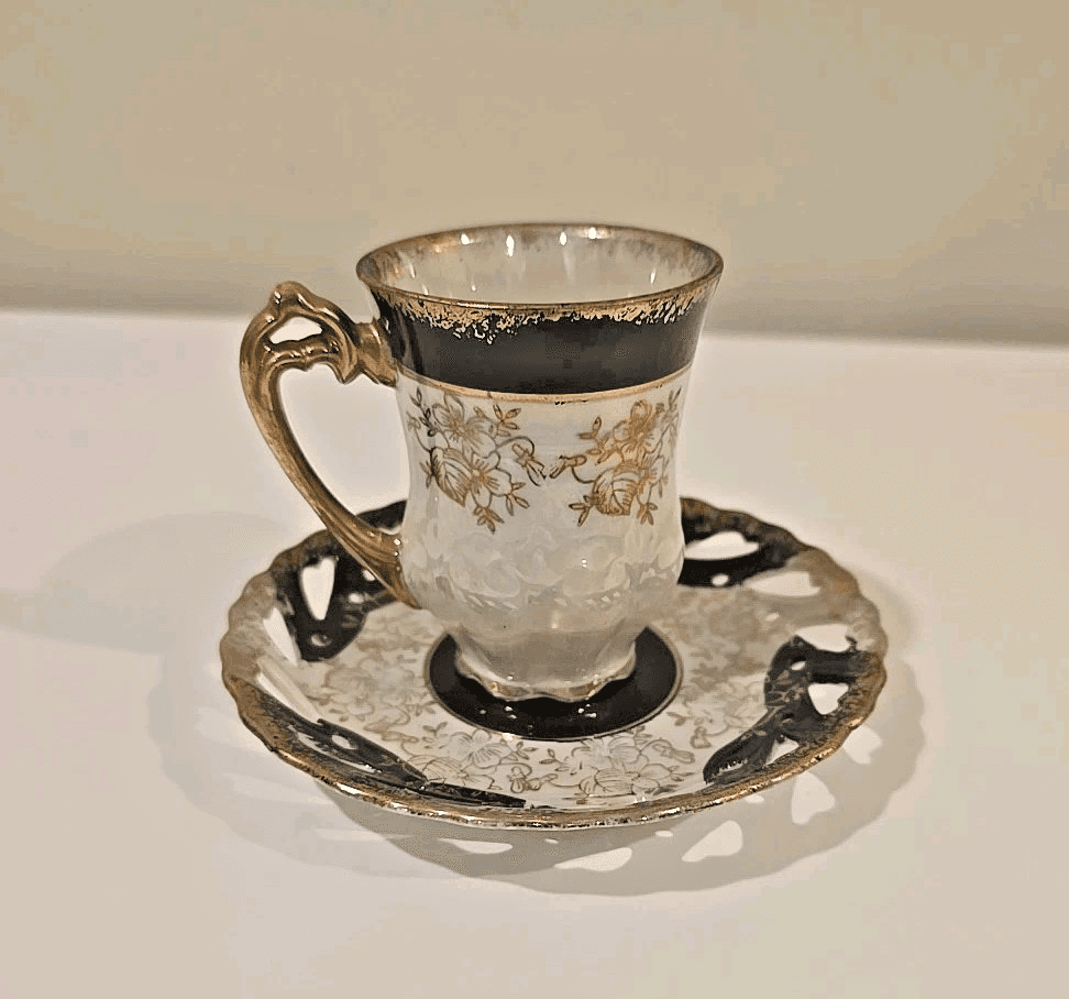 Lefton Demitasse Cup w/ Reticulated Saucer Black White Lustre Gold Gilt - Thumbnail 4