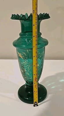 Antique 19th C Turkish Market Green Gold Bohemian Art Glass Ruffled Vase 10" - Thumbnail 9