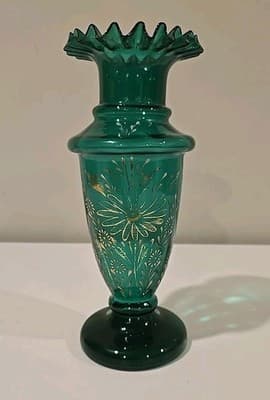 Antique 19th C Turkish Market Green Gold Bohemian Art Glass Ruffled Vase 10" - Thumbnail 2