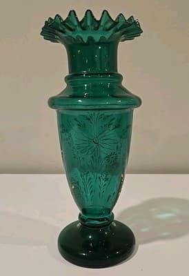 Antique 19th C Turkish Market Green Gold Bohemian Art Glass Ruffled Vase 10" - Thumbnail 4