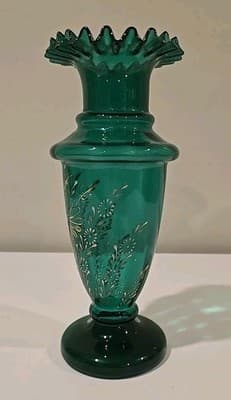 Antique 19th C Turkish Market Green Gold Bohemian Art Glass Ruffled Vase 10" - Thumbnail 3