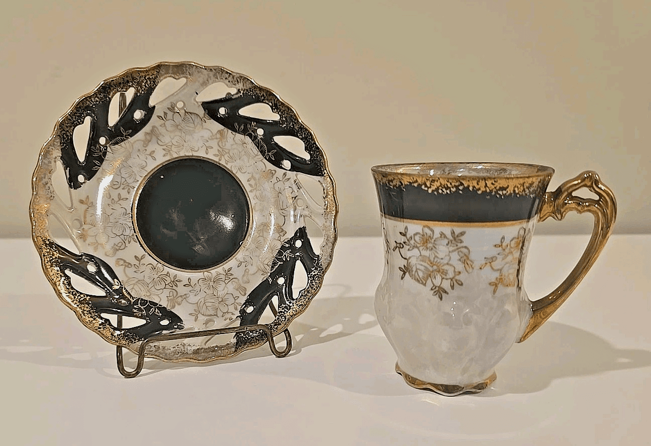 Lefton Demitasse Cup w/ Reticulated Saucer Black White Lustre Gold Gilt