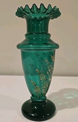 Antique 19th C Turkish Market Green Gold Bohemian Art Glass Ruffled Vase 10" - Thumbnail 5
