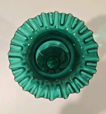 Antique 19th C Turkish Market Green Gold Bohemian Art Glass Ruffled Vase 10" - Thumbnail 6